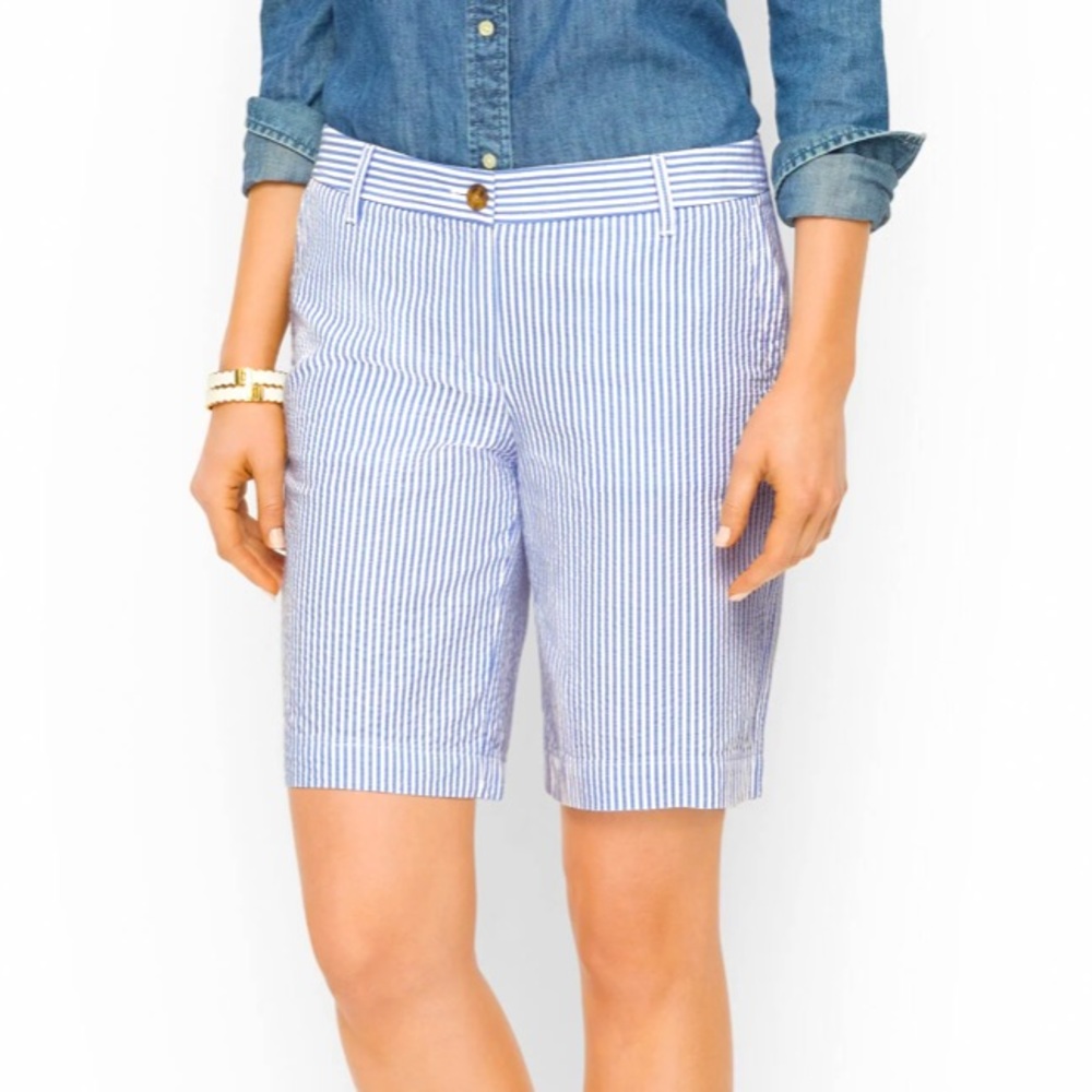 Chaps Seersucker High Waist Blue & White Pinstriped Long Flat Front Shorts
